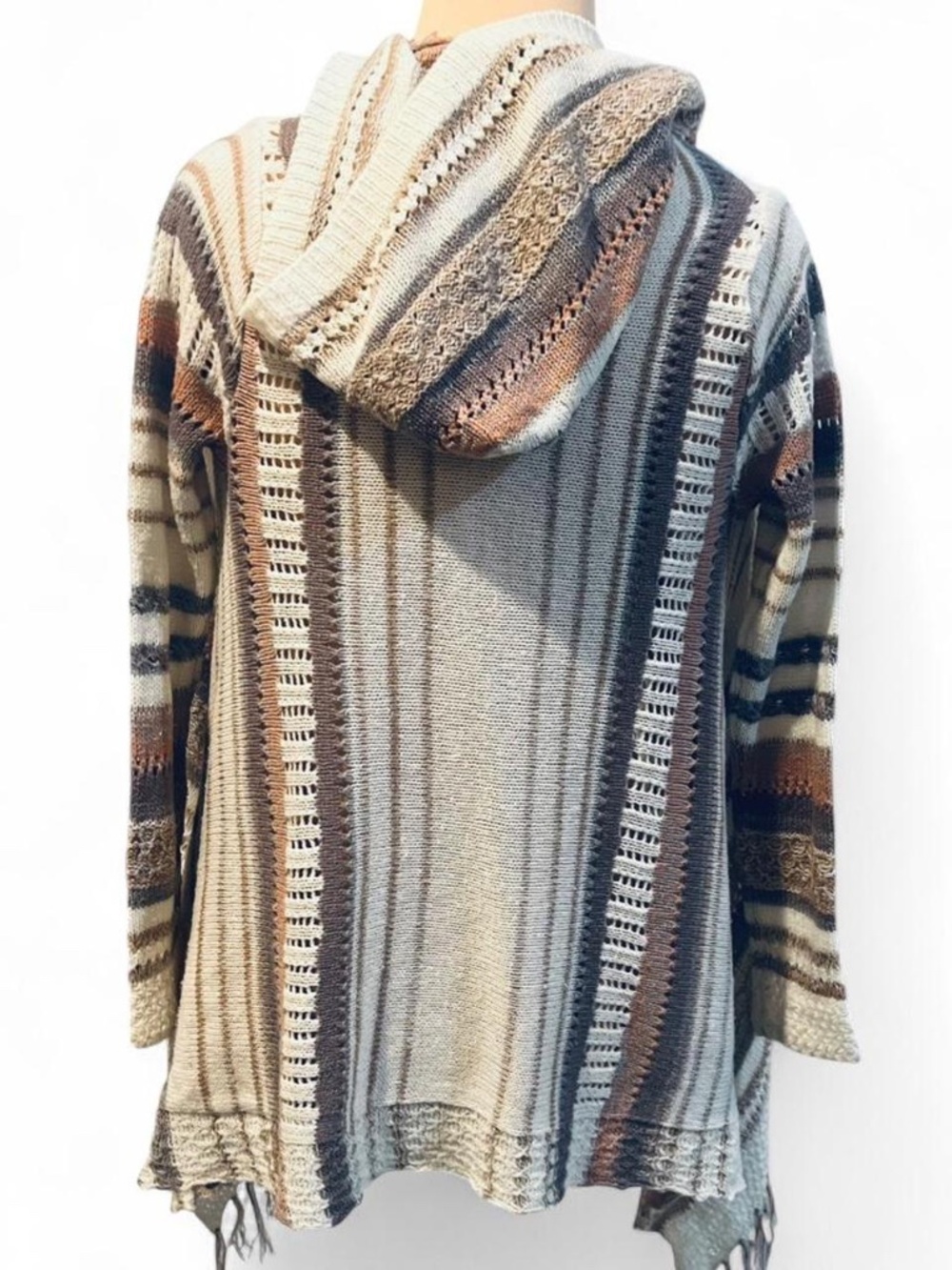 Striped Open Front Cardigan with Fringe and Hood - Size Small